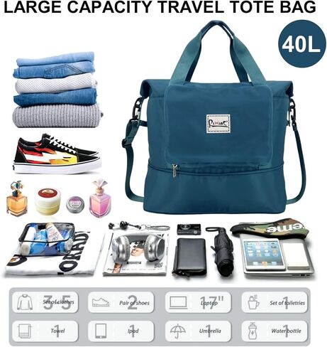 Foldable Travel Bag Expandable Travel Duffel Bag, Weekender Overnight Carry On Bag for Women with Detachable Shoulder Strap, Wet Compartment & Water Bottle Pockets (Peacock Blue) in Kuwait