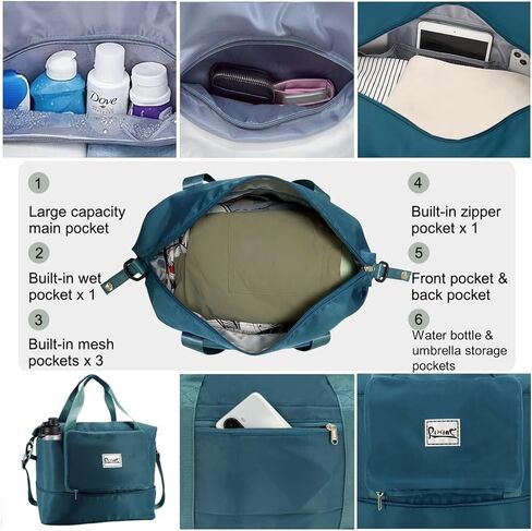 Foldable Travel Bag Expandable Travel Duffel Bag, Weekender Overnight Carry On Bag for Women with Detachable Shoulder Strap, Wet Compartment & Water Bottle Pockets (Peacock Blue) in Kuwait