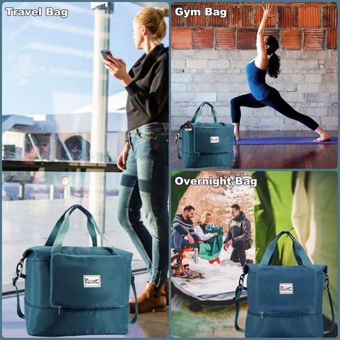 Foldable Travel Bag Expandable Travel Duffel Bag, Weekender Overnight Carry On Bag for Women with Detachable Shoulder Strap, Wet Compartment & Water Bottle Pockets (Peacock Blue) in Kuwait
