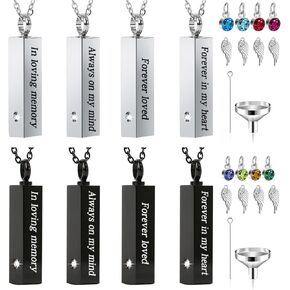 8 Pcs Urn Necklace For Ashes Urn Necklace Stainless Steel Cremation Jewelry For Women Men Cylinder Memorial Necklaces Keepsake Pendant With Funnel(Silver,Black)