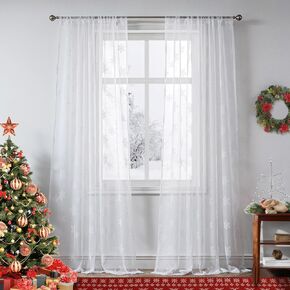 Beauoop Christmas Snowflake Sheer Curtains 63 Inches Long 2 Panels for Holiday Bedroom Living Room White Snow Light Filter Rod Pocket Window Treatments Drapes, 52X63 Set of 2