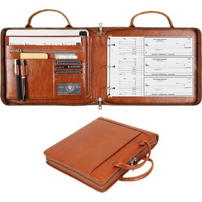 3 Ring Check Binder, Business Checkbook Holder Zippered Leather 3 Ring Binder, 3 Ring Check Book Binder for Business Checks, 3 on a Page, Fit 3 & 9 Holes Check - Dark Kahki