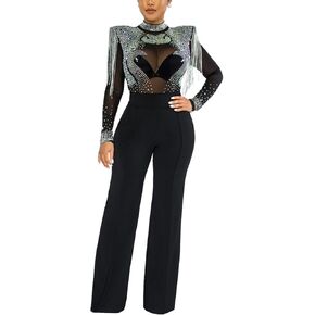 xxxiticat Women's Rhinestone Sheer Mesh Jumpsuit Long Sleeve Wide Shoulder Pad See Through Tassel One Piece Overalls