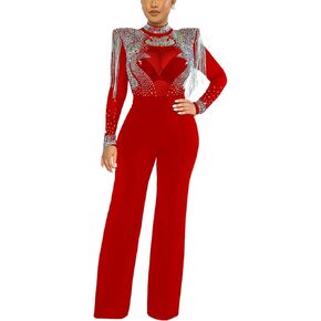 xxxiticat Women's Rhinestone Sheer Mesh Jumpsuit Long Sleeve Wide Shoulder Pad See Through Tassel One Piece Overalls