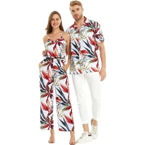 Matchable Couple Hawaiian Luau Shirt or V-Neck Jumpsuit with Pockets in Garden at Dawn