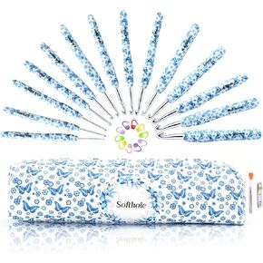 Ksheria Crochet Hooks Set with Case 14 Size Blue Butterfly Flower Pattern for Arthritis Hands, 2.25mm(B)-10mm(N) Crochet Needles for Beginners Christmas Gift New Year's Presents Crochet Lovers