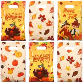 Seajan 100 Pcs Thanksgiving Treat Bags with Handles Thanksgiving Gift Bags Plastic Maple Fall Leaves Favor Bags Pumpkin Turkey Goody Candy Bags for Thanksgiving Fall Autumn Party Supplies