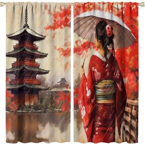 Japanese Geisha Blackout Curtains, Japanese Screen Round Moon Tree Aesthetic Geisha Patterns Home Decor Window Rod Pocket Curtains for Kitchen Living Room Bedroom Kids Room42x45in
