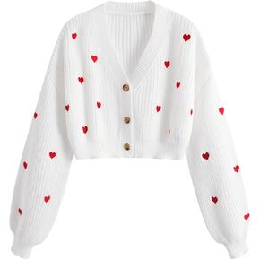Women's Heart Cardigan Sweater Drop Shoulder Crop Cardigan Long Sleeve Button Front Knitted Top