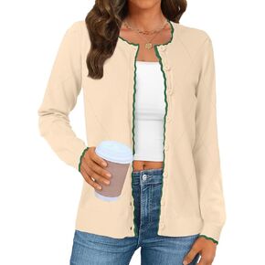 Tanou Women's Contrast Color Cardigan Sweater Button Down Crew Neck Knit Cardigans Long Sleeve Lightweight Casual Tops