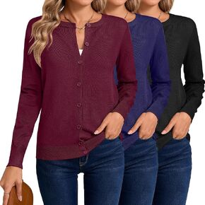 Riyiper 3 Pack Women's Lightweight Cardigans, Long Sleeve Crewneck Knit Cardigan Sweaters Casual Button Down Stretch Tops