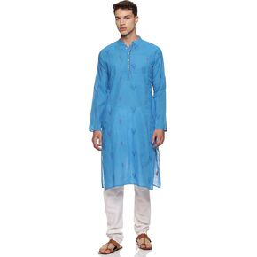 Men's Cotton Kurta Short Ikat Kurta Mandarin Collar Full Sleeves Side Split Indian Tunic Ethnic Wear for Wedding Party - XX-Large (Blue)