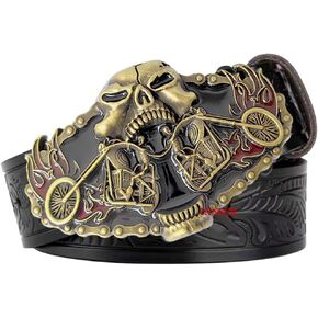 Skeleton Cowboy Belt Buckle Demon Skull Motorcycle with Gear Chains & Flame Western Belt Buckle Punk Belt Accessories for Men