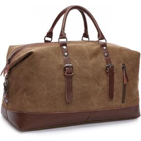 Coffee Canvas PU Leather Travel Tote Duffel Bag Carry on Bag Weekender Overnight Bag