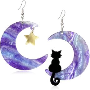 Creative Cute Big Acrylic Black Cat on the Purple Moon Dangle Drop Earrings Dainty Chic Lovely Animal Moon Star Hook Earrings for Women Statement Jewelry