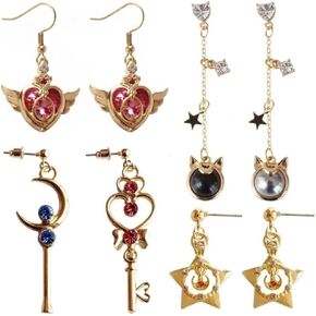 4Pcs Anime Earrings Guardian Star Moon Cat Tsukino Usagi Heart Shaped Dangle Earrings Cosplay Accessories for Women