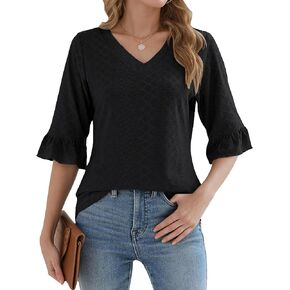 Womens 3/4 Flutter Sleeve Tops V Neck Shirts for Business Casual Loose Tunic Work Dressy Blouses