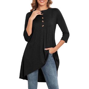 Naggoo Women's 3/4 Sleeve T-Shirts Crew Neck Buttons High Low Loose Casual Long Tunic Tops Blouses S-3XL