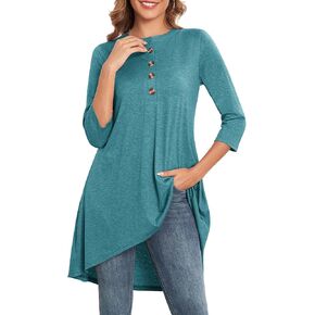Naggoo Women's 3/4 Sleeve T-Shirts Crew Neck Buttons High Low Loose Casual Long Tunic Tops Blouses S-3XL
