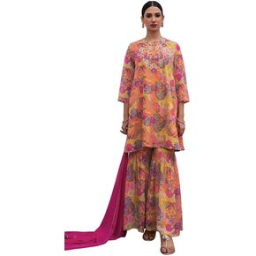 مجموعة كورتا نسائية من Janasya Indian متعددة الألوان من جورجيت مطرزة بالزهور in Kuwait