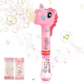 Unicorn Bubble Gun for Kids, DIY Bubble Maker for Toddlers with Stickers, Automatic Bubble Wand Blower Machine Toys with Light Music for Girls Boys 3 4 5 6 Years Old Party Favors Birthday Gifts
