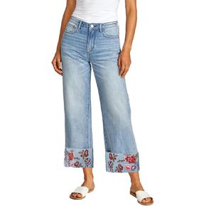 Embroidered Jeans for Women Floral Mid Rise Wide Leg Jeans Baggy Cuffed Flower Stretch Denim Pants