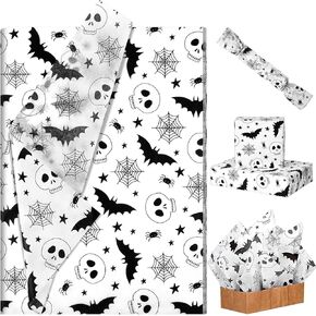 100 Sheets 20 * 14 Inches Halloween Tissue Paper for Gift Bags Black White Bat Spider Web Skull Patterned Tissue Paper for Gift Wrapping for Halloween Themed Party Trick or Treat Party DIY Craft