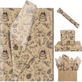 Bolsome 100 Sheets 20 * 14 Inches Christmas Tissue Paper for Gift Wrapping Kraft Xmas Tree Gingerbread Man Pine Cone Candy Cane Holly Berry Printed Tissue Paper for Gift Bags for Winter Festivals DIY Craft