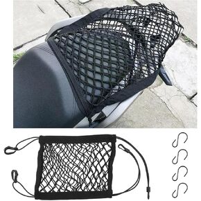 Motorcycle Cargo Net for Helmet Storage, 9.4''×10.6'' High Elastic Double Layer Bungee Net with 4 Hooks, Car Seat Mesh Storage Pocket, Luggage Strap Rack Expansion Organizer (2 Elastic Edges)
