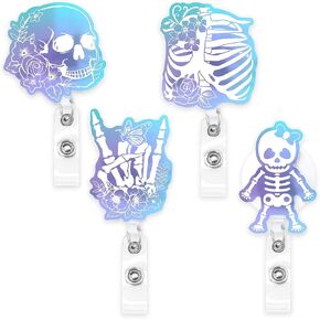 Xylolfsty Xray Badge Reels 4PCS Skeleton Retractable Badge Holder with Alligator Clip Badge Reels Iridescent Rib Skull Patterns Holographic Style Rad Tech RN Nurse Doctor Student Graduation Gift