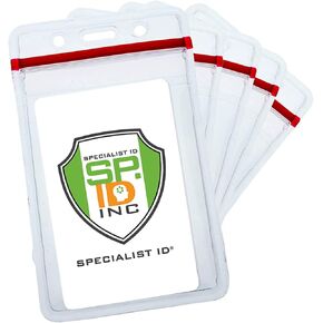 5 Pack - Heavy Duty Vertical Resealable Vinyl Badge Holders for Employee or Student ID - Clear Water Resistant with Red Seal Holds Multiple Cards - Secure Sleeves for Badges by Specialist ID