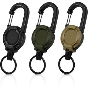 Heavy Duty Retractable Keychain, 3 Pack, Retractable ID Badge Holder Reel, Tactical ID Badge Reel, Key Ring Outdoor (Black, Dark Green, Khaki)