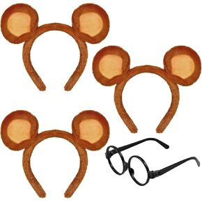 4 Pcs Chipmunk Costume Set, 3 Pack Chipmunk Ears Headband and 1 Round Black Glasses Frame, Chipmunks Costume Ears for Halloween Party Animal Costume Accessories