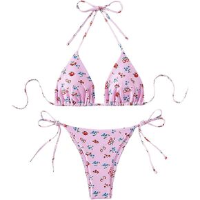 SOLY HUX Women's Bikini Sets Cherry Print Halter Triangle Tie Side Bathing Suits 2 Piece Swimsuit