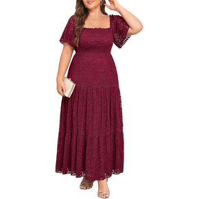 Women's Plus Size Floral Lace Wedding Boho Dress Flowy Smocked Tiered Maxi Dress