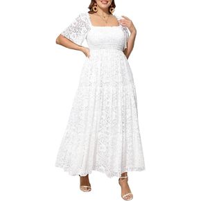 Women's Plus Size Floral Lace Wedding Boho Dress Flowy Smocked Tiered Maxi Dress