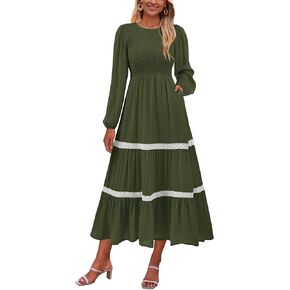 KIRUNDO Womens Fall Dresses 2024 Long Sleeve Wedding Guest Smocked Tiered Lace Trim Boho Flowy Long Dress with Pockets