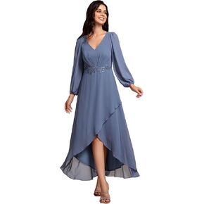 Ever-Pretty Women's Long Sleeves V Neck A Line Appliques Midi Chiffon Maxi Formal Dresses 03027