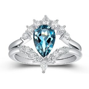 Moissanite Ring - 925 Sterling Silver Wedding Band - Topaz Wedding Sets - Retro 1.50 Carat Natural London Blue Topaz Ring - Pear Shape Moissanite Women Ring - Birthstone Ring - Birthday Gifts