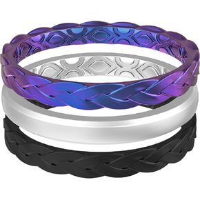ThunderFit Stackable Silicone Rings for Women, Breathable Rubber Wedding Bands - Braided Design 3mm Wide 1.8mm Thick - 3/8 Variety Multipack