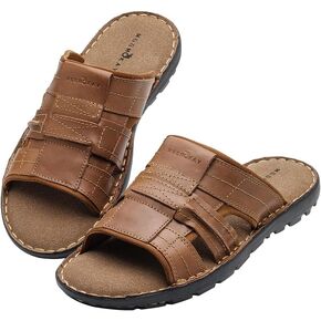 MGGMOKAY Men's Leather Slide Sandal Comfortable Anti-Slip Slides for Indoor Outdoor