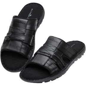 MGGMOKAY Men's Leather Slide Sandal Comfortable Anti-Slip Slides for Indoor Outdoor