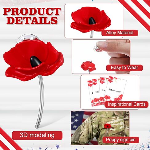 Juexica 48 Set 3D Poppy Lapel Pin Badge Alloy Souvenir Gifts Red Poppy Lest We Forget Memorial Brooch Pin Badge with Card Organza Bag for Military Tribute Memorial Day Remembrance Collectible Gifts in Saudi Arabia