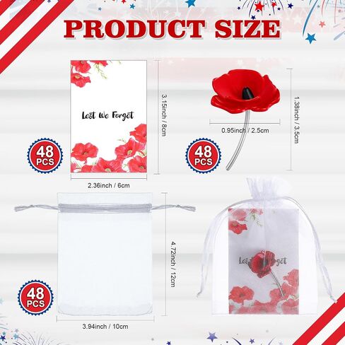 Juexica 48 Set 3D Poppy Lapel Pin Badge Alloy Souvenir Gifts Red Poppy Lest We Forget Memorial Brooch Pin Badge with Card Organza Bag for Military Tribute Memorial Day Remembrance Collectible Gifts in Saudi Arabia