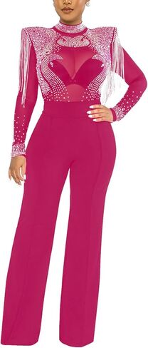 xxxiticat Women's Rhinestone Sheer Mesh Jumpsuit Long Sleeve Wide Shoulder Pad See Through Tassel One Piece Overalls in Kuwait