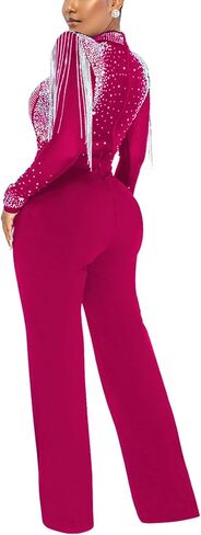 xxxiticat Women's Rhinestone Sheer Mesh Jumpsuit Long Sleeve Wide Shoulder Pad See Through Tassel One Piece Overalls in Kuwait