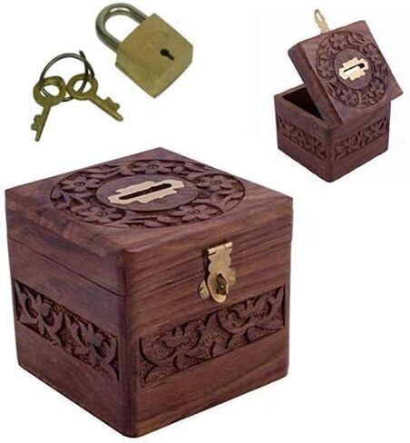 Wooden Money Bank Piggy Bank,Money Storage Box .Handmade Brown Wooden Money Bank with Full Carving Design/Square Shape Money Storage Box. Padlock Lock Size = 20MM 2 Keys Safe Box in Saudi Arabia