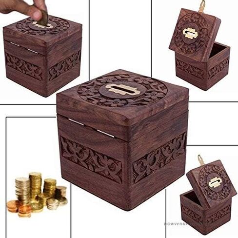 Wooden Money Bank Piggy Bank,Money Storage Box .Handmade Brown Wooden Money Bank with Full Carving Design/Square Shape Money Storage Box. Padlock Lock Size = 20MM 2 Keys Safe Box in Saudi Arabia