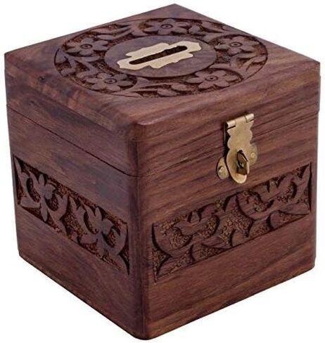 Wooden Money Bank Piggy Bank,Money Storage Box .Handmade Brown Wooden Money Bank with Full Carving Design/Square Shape Money Storage Box. Padlock Lock Size = 20MM 2 Keys Safe Box in Saudi Arabia
