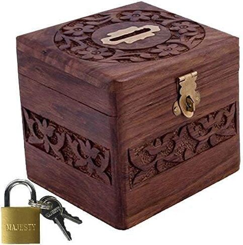 Wooden Money Bank Piggy Bank,Money Storage Box .Handmade Brown Wooden Money Bank with Full Carving Design/Square Shape Money Storage Box. Padlock Lock Size = 20MM 2 Keys Safe Box in Saudi Arabia